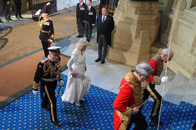 Britain's king Charlesa nd queen Camilla arrive opening of parliament at the Houses of Parliament, in London. Photograph: Aaron Chown/AFP via Getty Images