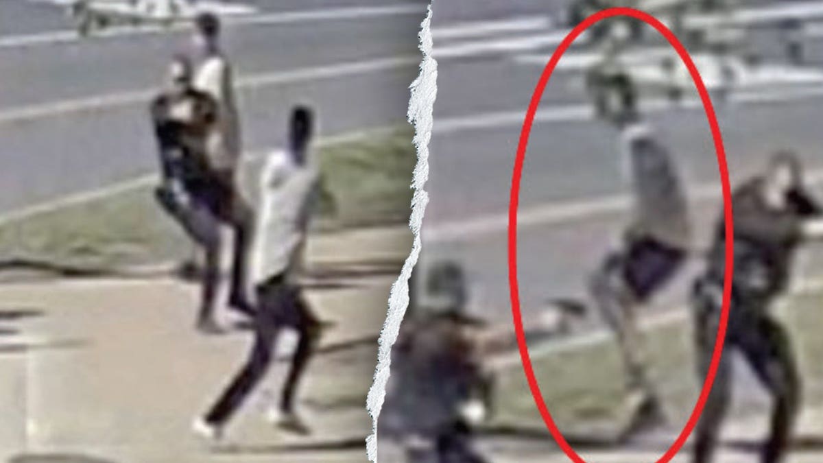 Right: An innocent bystander clutches his leg after being hit by a bullet allegedly shot by Michael Marx
