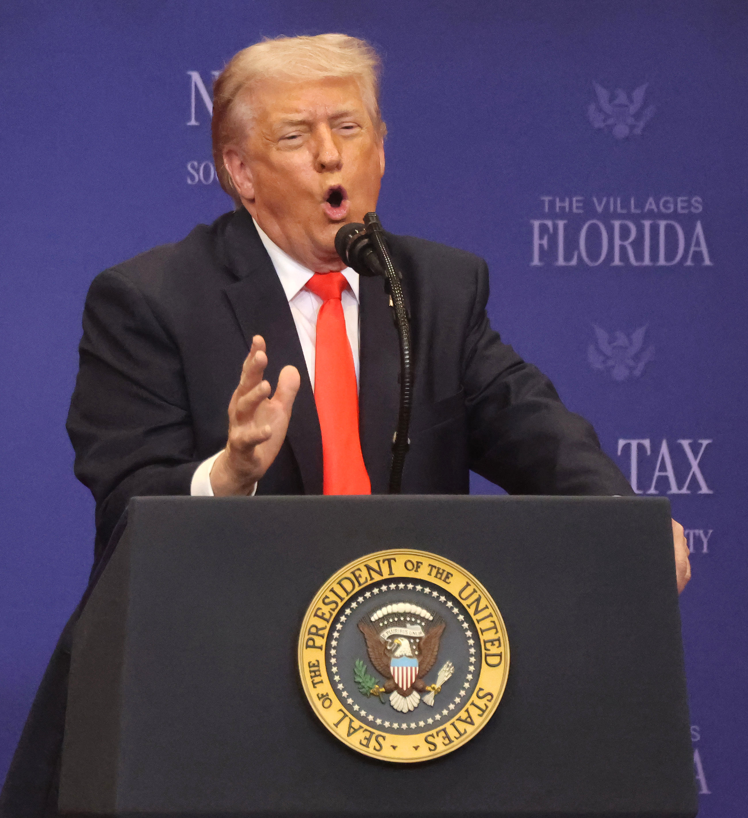 President Donald Trump delivers remarks at The Villages High School,...