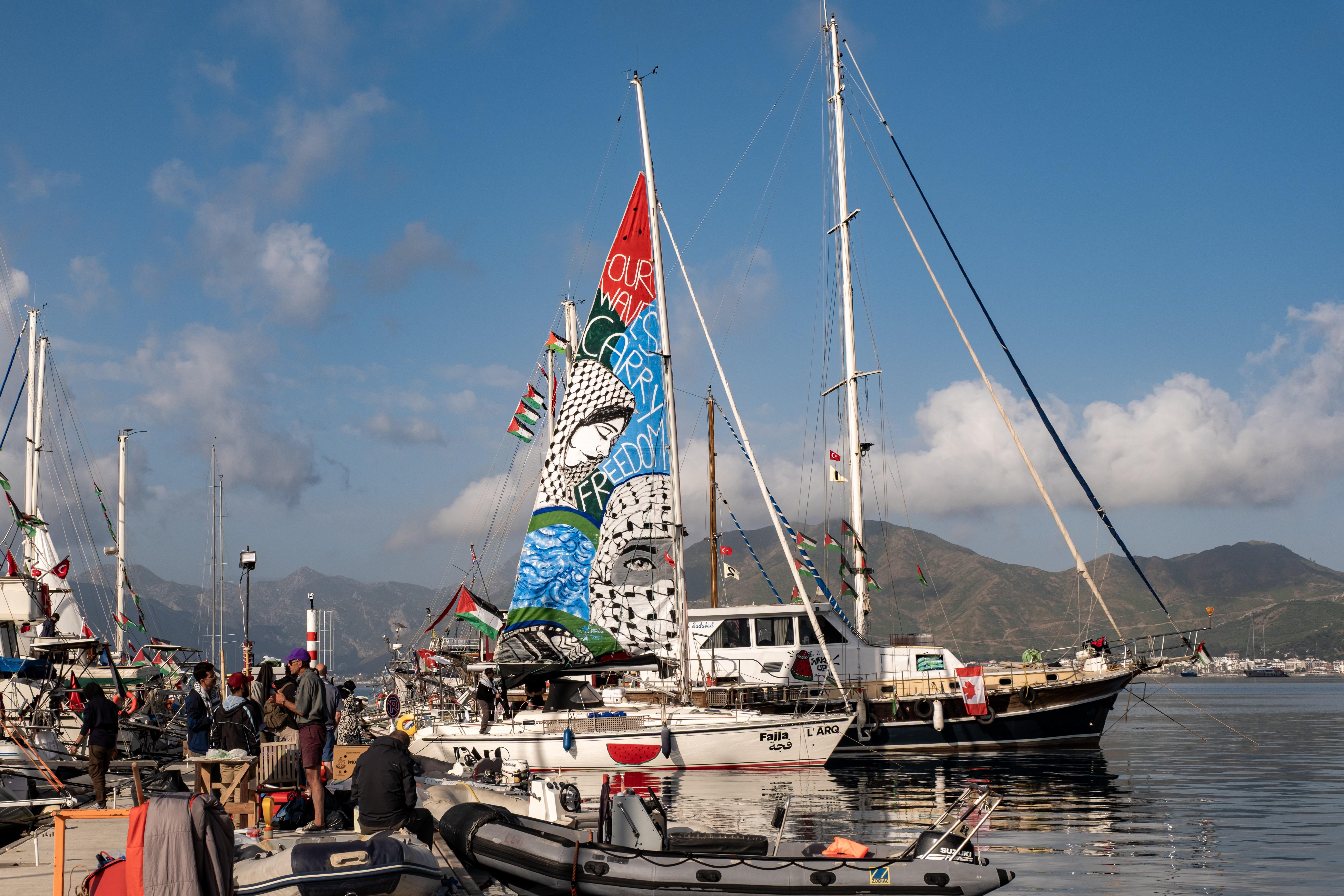 Boats belonging to the Global Sumud Flotilla prepare to depart for Gaza.