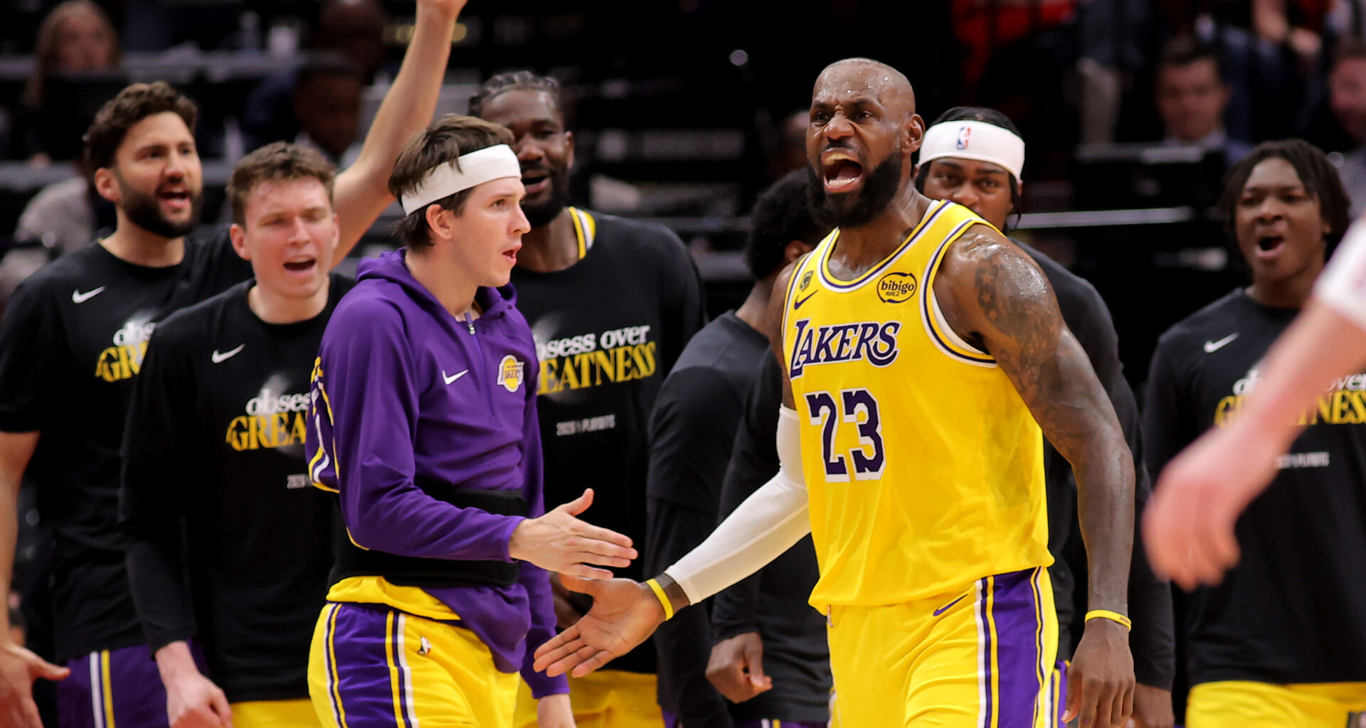 May 1, 2026; Houston, Texas, USA; Los Angeles Lakers forward Lebron James (23) reacts after a made basket against the Houston Rockets during the second quarter of game six of the first round of the 2026 NBA Playoffs at Toyota Center. Mandatory Credit: Erik Williams-Imagn Images