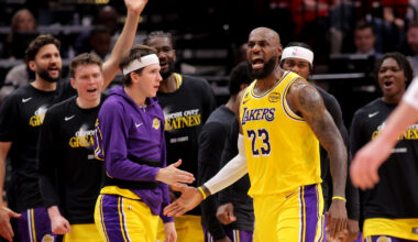 May 1, 2026; Houston, Texas, USA; Los Angeles Lakers forward Lebron James (23) reacts after a made basket against the Houston Rockets during the second quarter of game six of the first round of the 2026 NBA Playoffs at Toyota Center. Mandatory Credit: Erik Williams-Imagn Images
