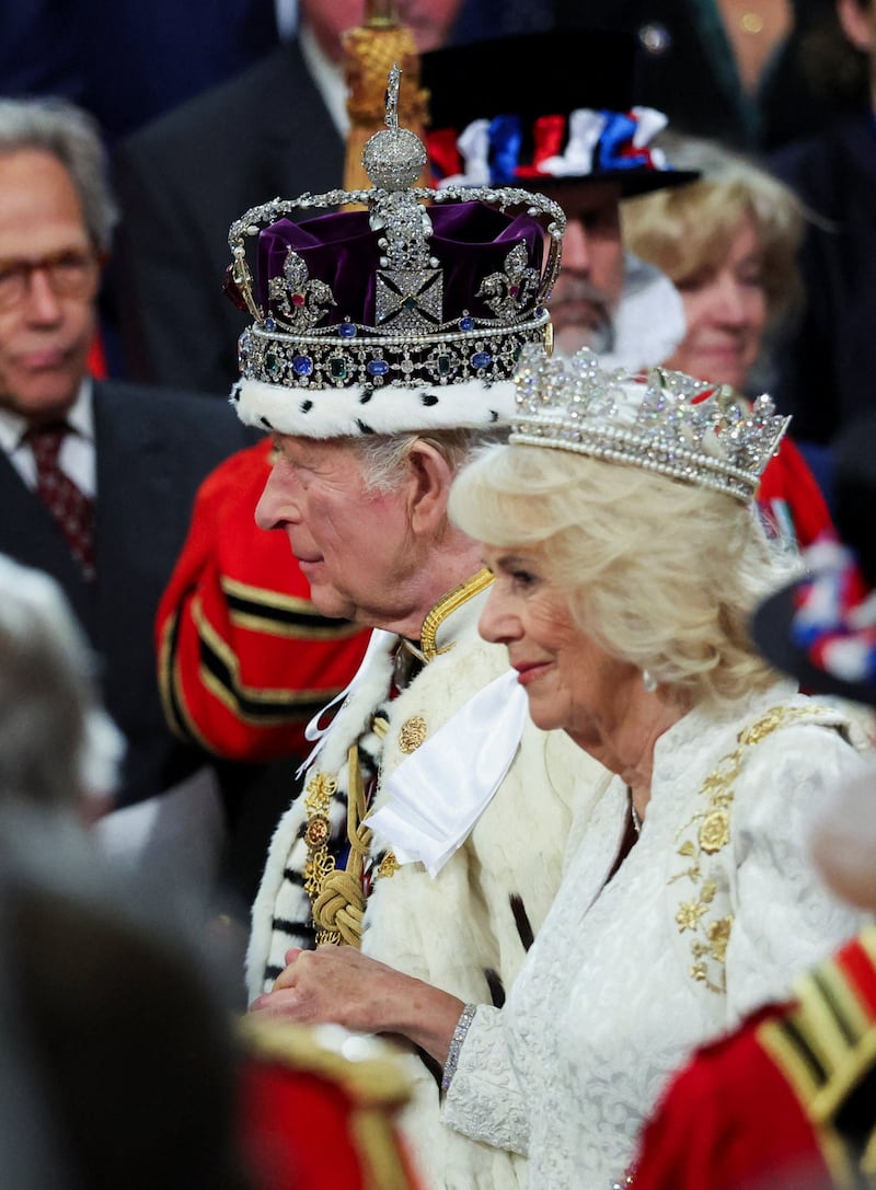 Britain's king Charles and queen Camilla arrive at the Houses of Parliament, in London. Photograph: Suzanne Plunkett/AFP via Getty Images