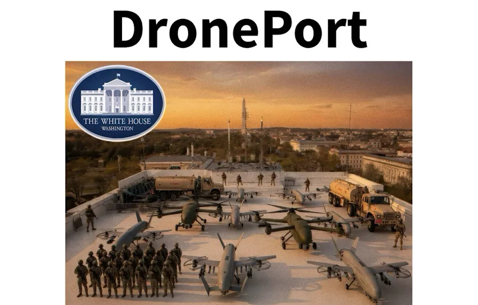 An AI-generated image of the top of the proposed White House Ballroom with military drones, fuel trucks and soldiers with the Washington Monument under construction in the distance.