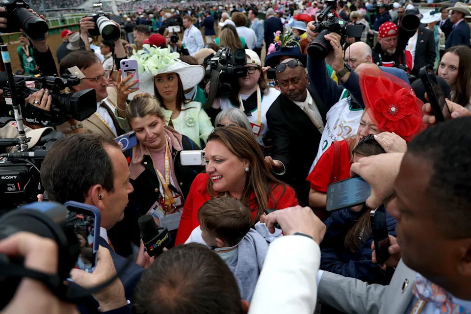 LOUISVILLE, KENTUCKY - MAY 02: Cherie DeVaux trainer of Golden Tempo #19 celebrates after becoming the first female trainer to win the Kentucky Derby during the 152nd running of the Kentucky Derby at Churchill Downs on May 02, 2026 in Louisville, Kentucky. (Photo by Rob Carr/Getty Images)