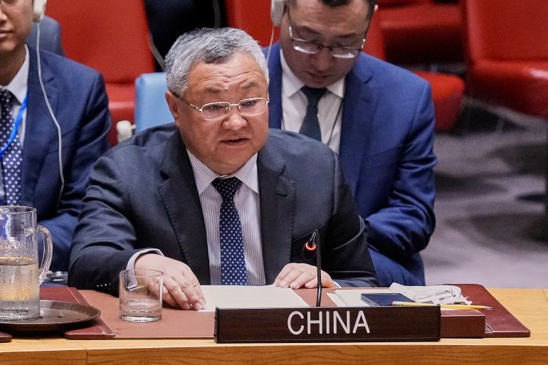 China UN Ambassador Fu Cong addresses a United Nations Security Council meeting, Monday, June 30, 2025. (AP Photo/Richard Drew)