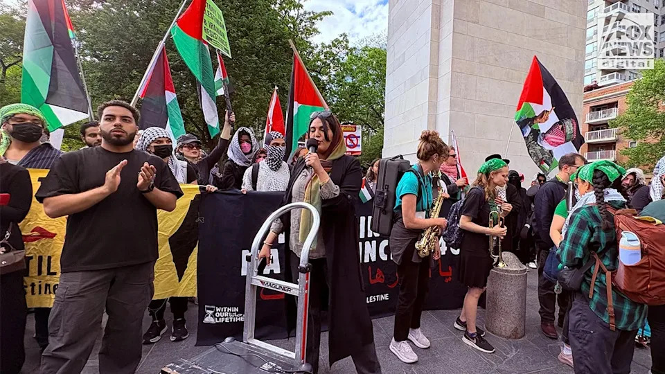 Nerdeen Kiswani speaks to anti-Israel demonstrators in Washington Square Park surrounded by Palestinian flags and protest banners.