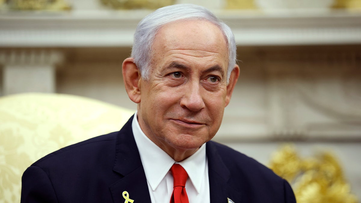 Israeli Prime Minister Benjamin Netanyahu speaking during a meeting with President Donald Trump in the Oval Office