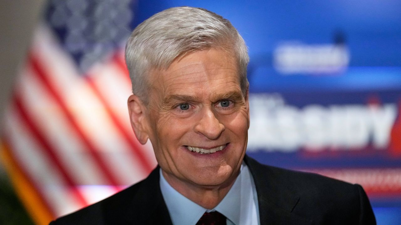 Sen. Bill Cassidy, R-La., speaks to supporters during an election night watch party Saturday, May 16, 2026, in Baton Rouge, La. (AP Photo/Gerald Herbert)