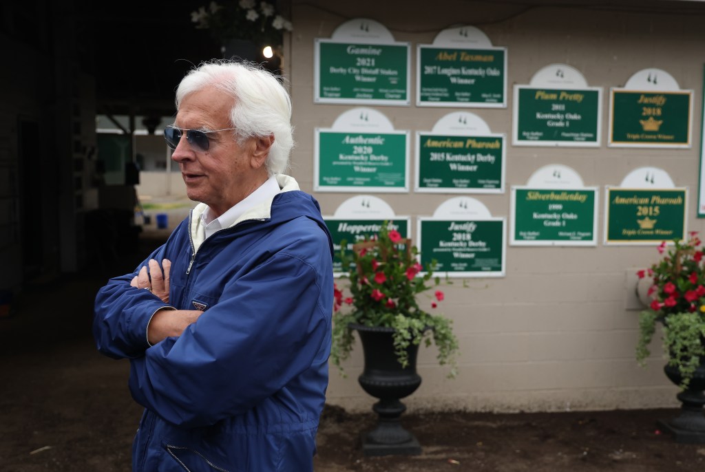 Bob Baffert, trainer of Litmus Test and Potente, speaks to media during morning training for the 152nd Kentucky Derby.