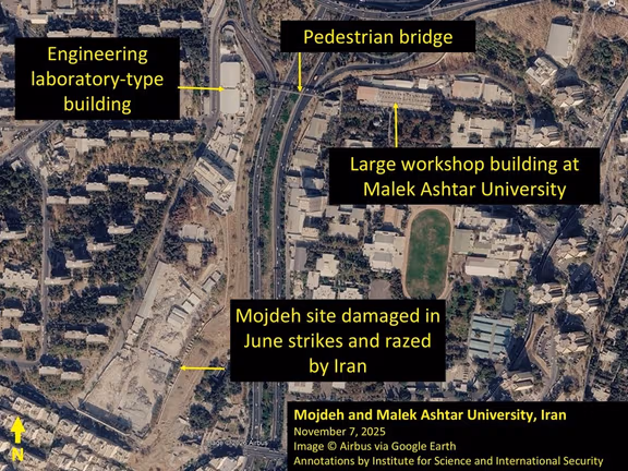 The two newly targeted buildings are close to the previously targeted (June 2025) SPND Mojdeh site and connected by footpaths. All three are involved in nuclear weapons development, according to David Albright (Photo by the Institute for Science and International Security)