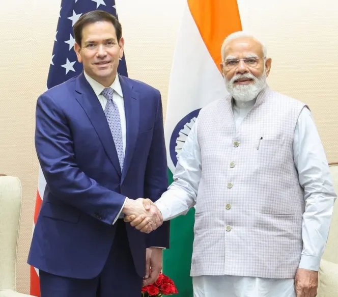 United States Secretary of State Marco Rubio shaking hands with Indian Prime Minister Narendra Modi.