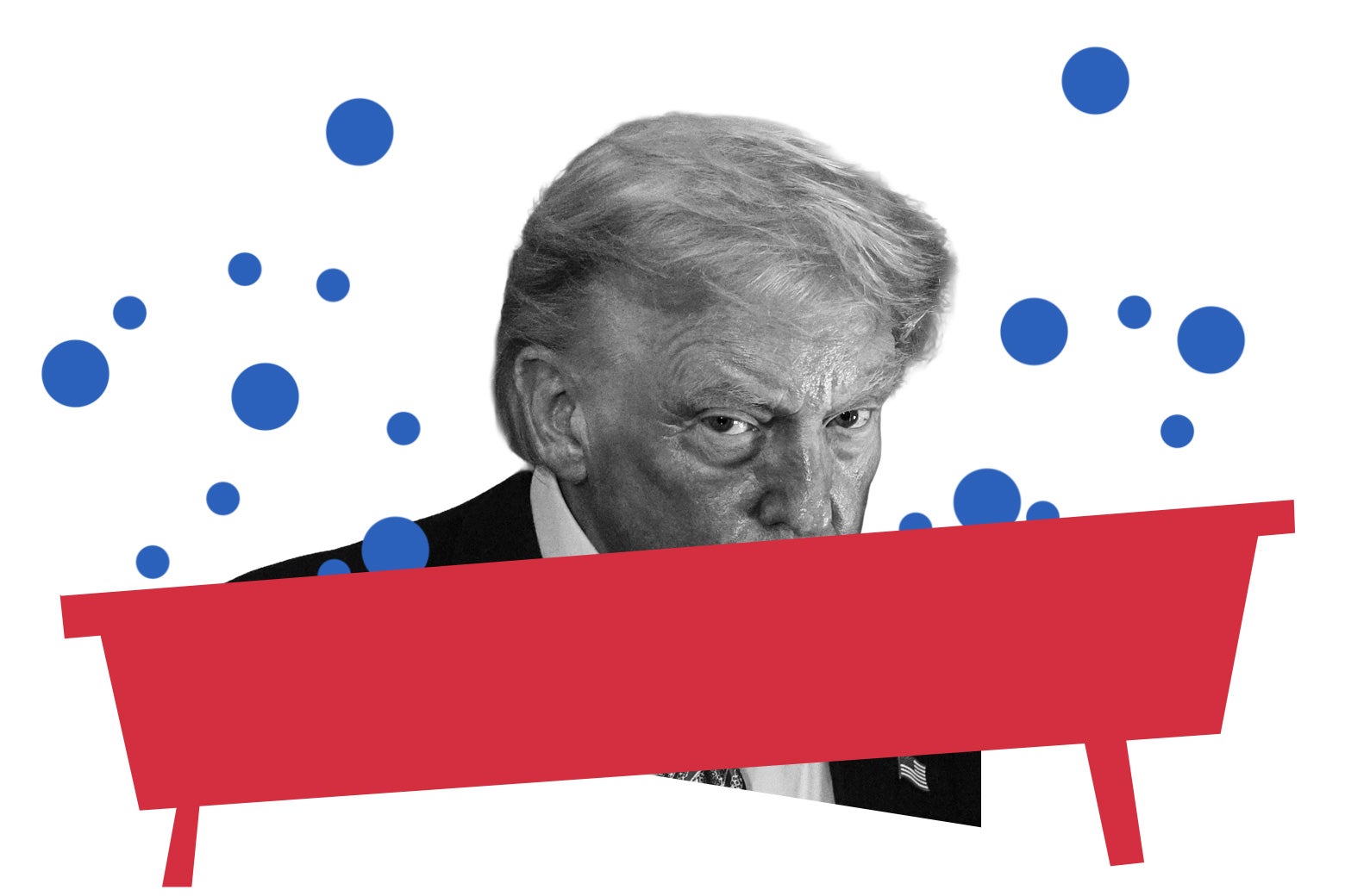 Donald Trump is peeking out from a cartoon bubble bath.