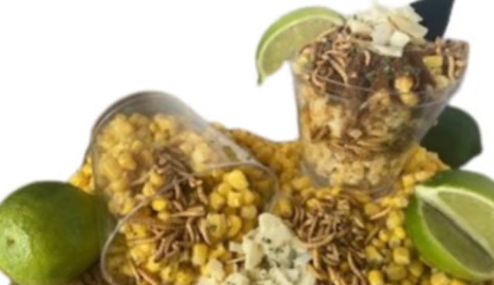 Crunchy Critter Corn is a twist on traditional Mexican street corn that's topped with crunchy dried mealworms.