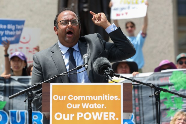 State Sen. Raj Villivalam speaks at a rally about proposed legislation to regulate construction of data centers during the spring legislative session outside the State Capitol, May 30, 2026, in Springfield. (John J. Kim/Chicago Tribune)