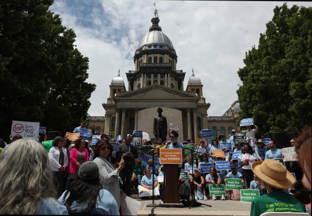 Demonstrators gather for a rally about proposed legislation to regulate construction of data centers during the spring legislative session outside the State Capitol, May 30, 2026, in Springfield. (John J. Kim/Chicago Tribune)