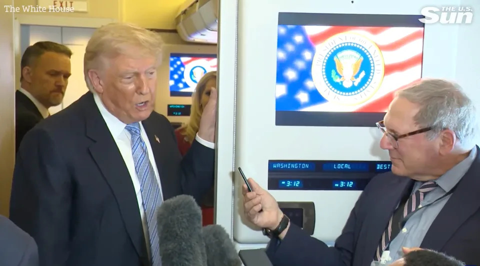 President Trump labeled a reporter 'treasonous' over his Iran war coverage during a tense exchange aboard Air Force One (The US Sun)