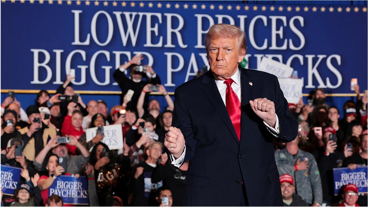 President Donald Trump gesturing while arriving at Mount Airy Casino Resort in Mount Pocono, Pennsylvania