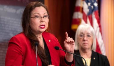Sen. Tammy Duckworth, D-Ill., speaks about a bill to establish federal protections for IVF as Sen. Patty Murray, D-Wash., right, listens during a press event on Capitol Hill, Tuesday, Feb. 27, 2024, in Washington. (AP Photo/Mark Schiefelbein, File)