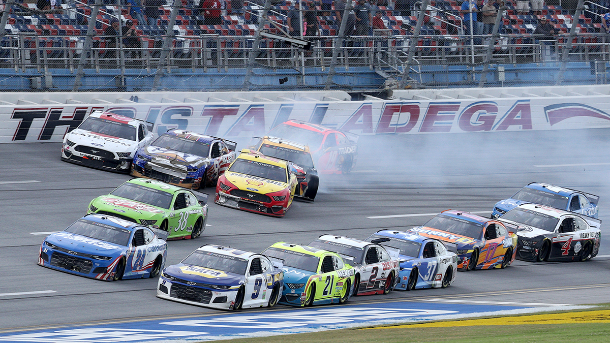 Chase Elliott and William Byron leading a NASCAR race at Talladega Superspeedway