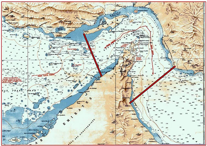 A sketched map of the region with new red lines showing Iran's interpretation 