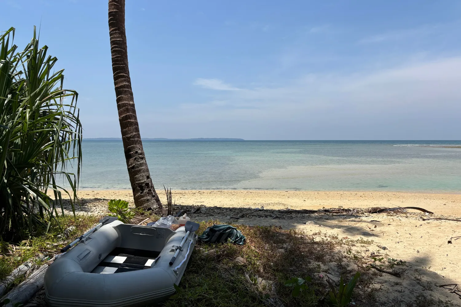 A picture of the boat on the shore of the North Sentinel Island in March 2025.