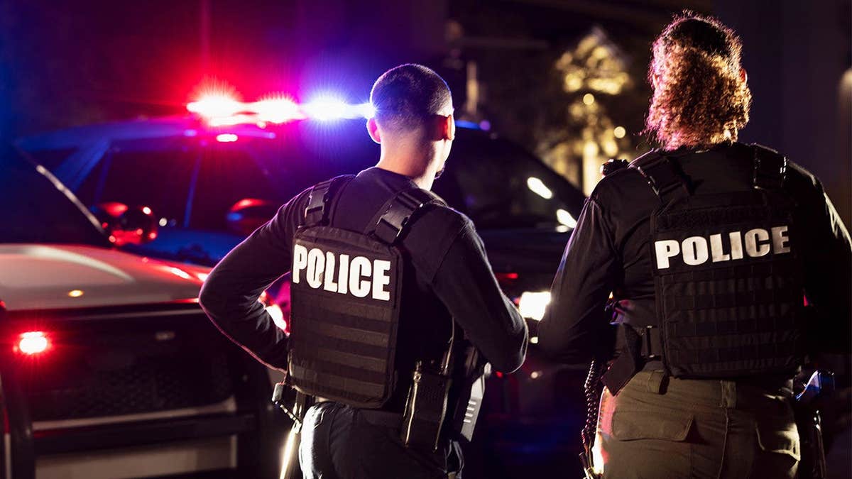 Rear view of two police officers standing side by side in front of their police vehicles