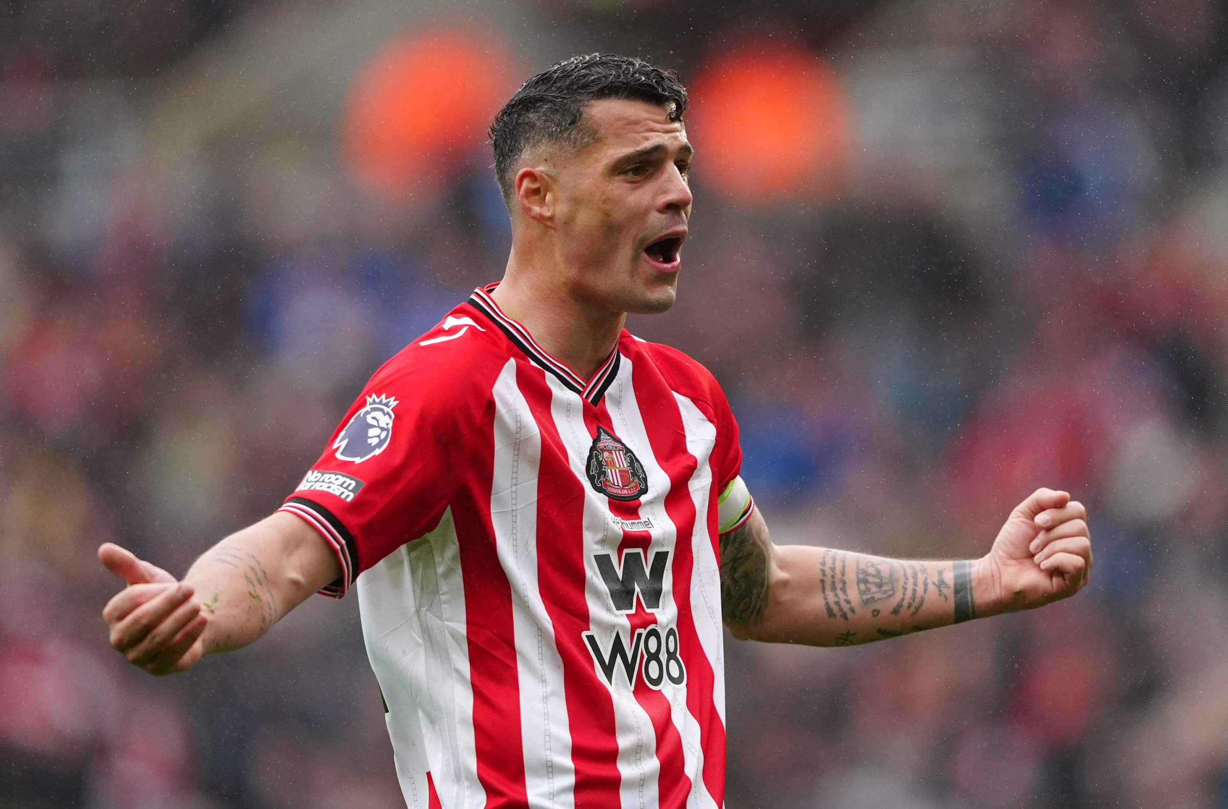 Sunderland’s Granit Xhaka reacts after a penalty appeal during the Premier League match at the Stadium of Light, Sunderland. Picture date: Saturday May 9, 2026. (Photo by Owen Humphreys/PA Images via Getty Images)