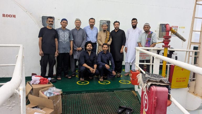 Some of the crew members of Honour 25 aboard the ship. Ameen bin Shams second from right in the front row. Mehmood Ansari is third from left standing. [Courtesy Muzammil Ahmed Ansari]