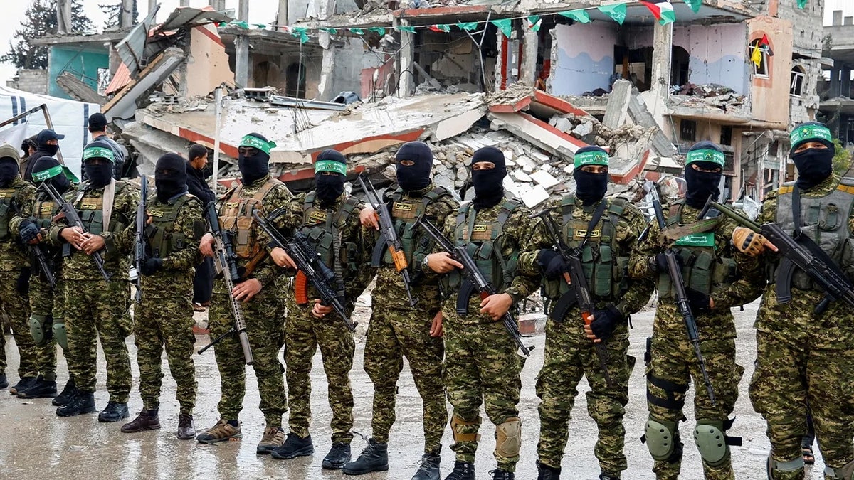 Palestinian Hamas terrorists standing guard in Rafah southern Gaza Strip