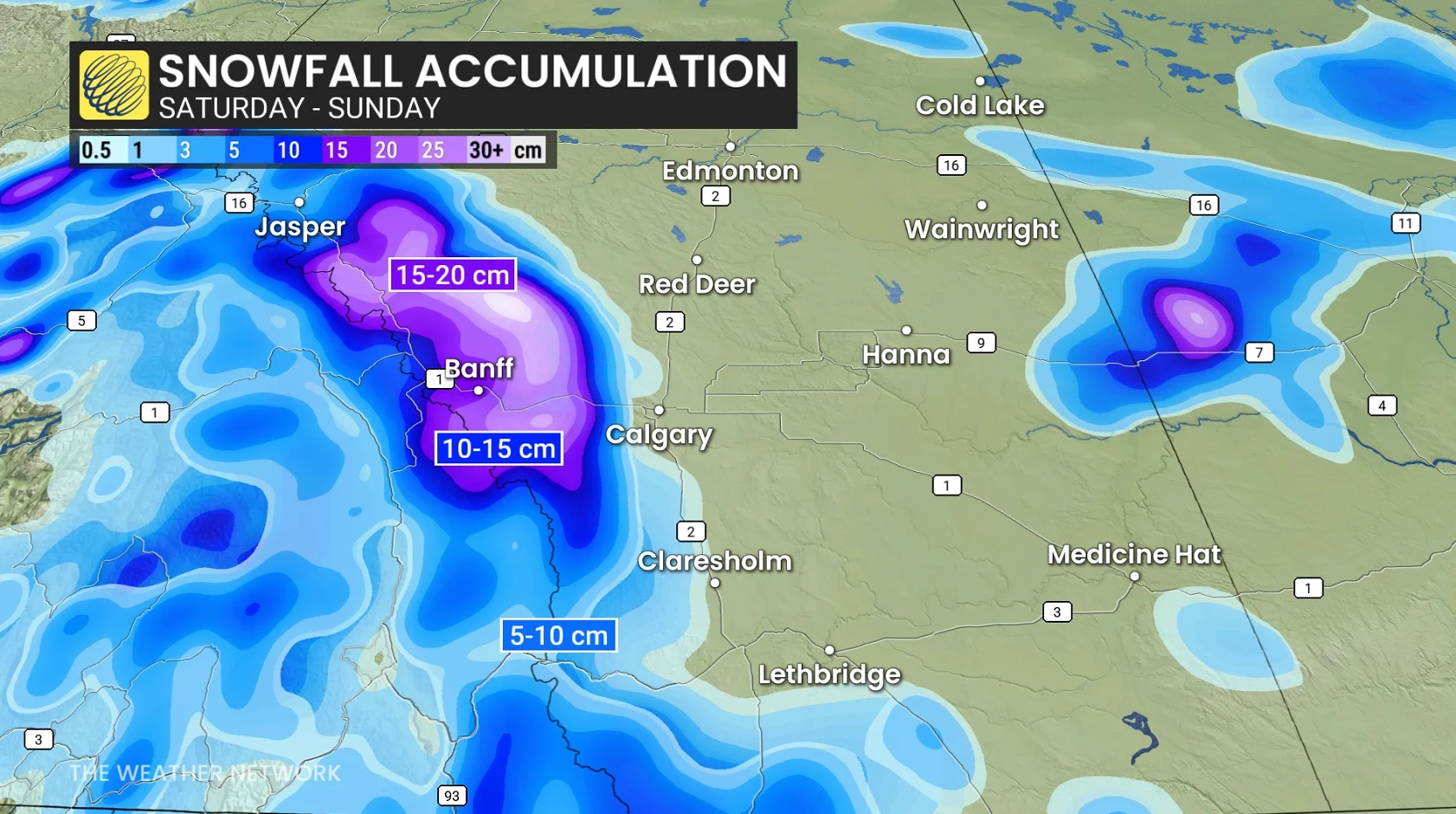 Alberta snowfall Saturday to Sunday