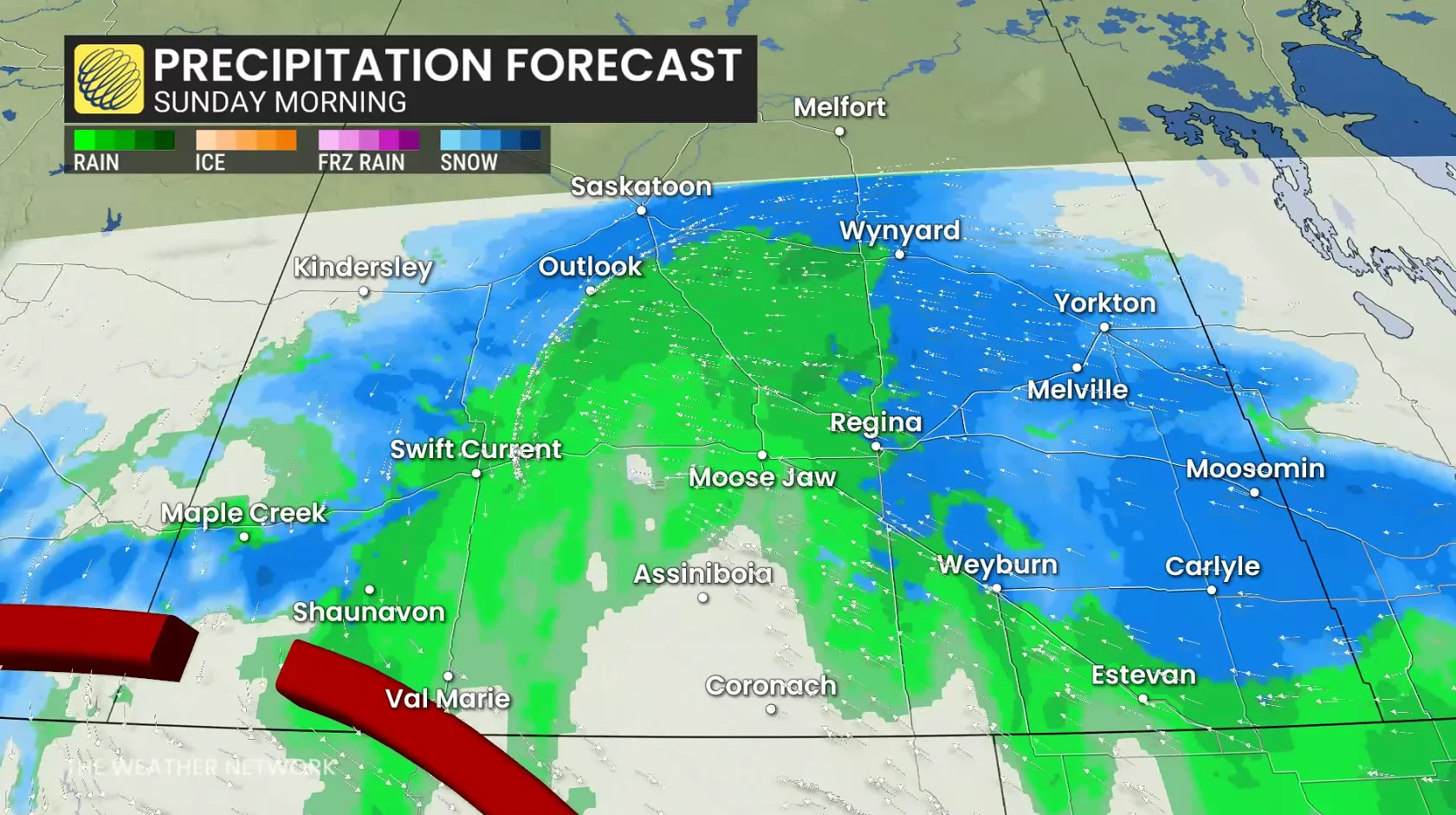 Saskatchewan precipitation timing Sunday morning