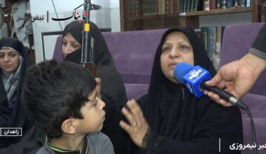 IRIB state television broadcast from Zahedan, May 16, 2026, showing regime-affiliated woman interviewed with an assault rifle