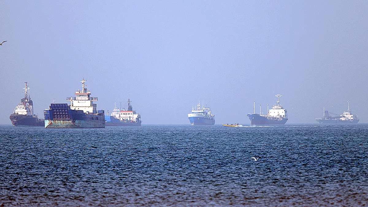 Ships anchored in the Strait of Hormuz off Bandar Abbas in southern Iran