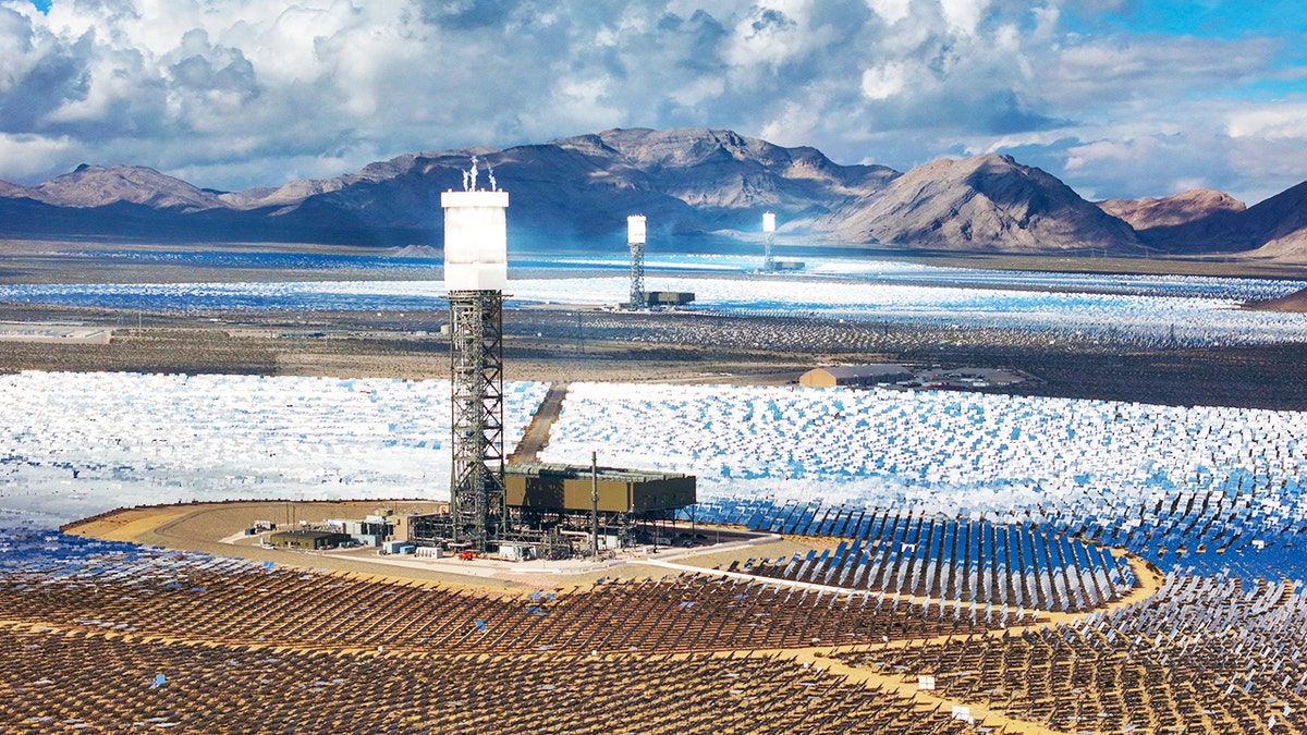 Ivanpah solar plant towers surrounded by mirrors in California desert