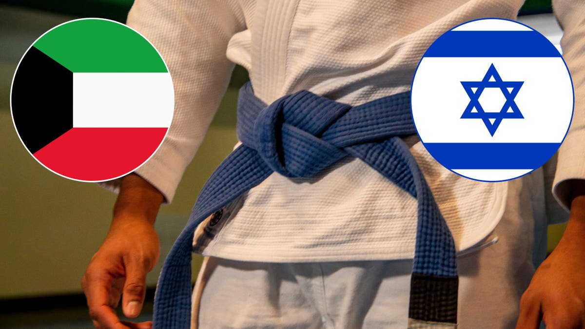 Close-up of a martial artist in a white gi and blue belt with Kuwait and Israel flag graphics on either side.