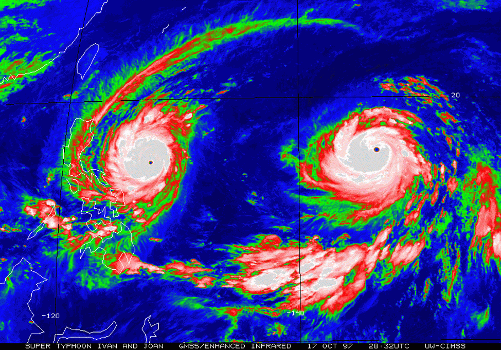 An infrared map of two tropical cyclones near each other