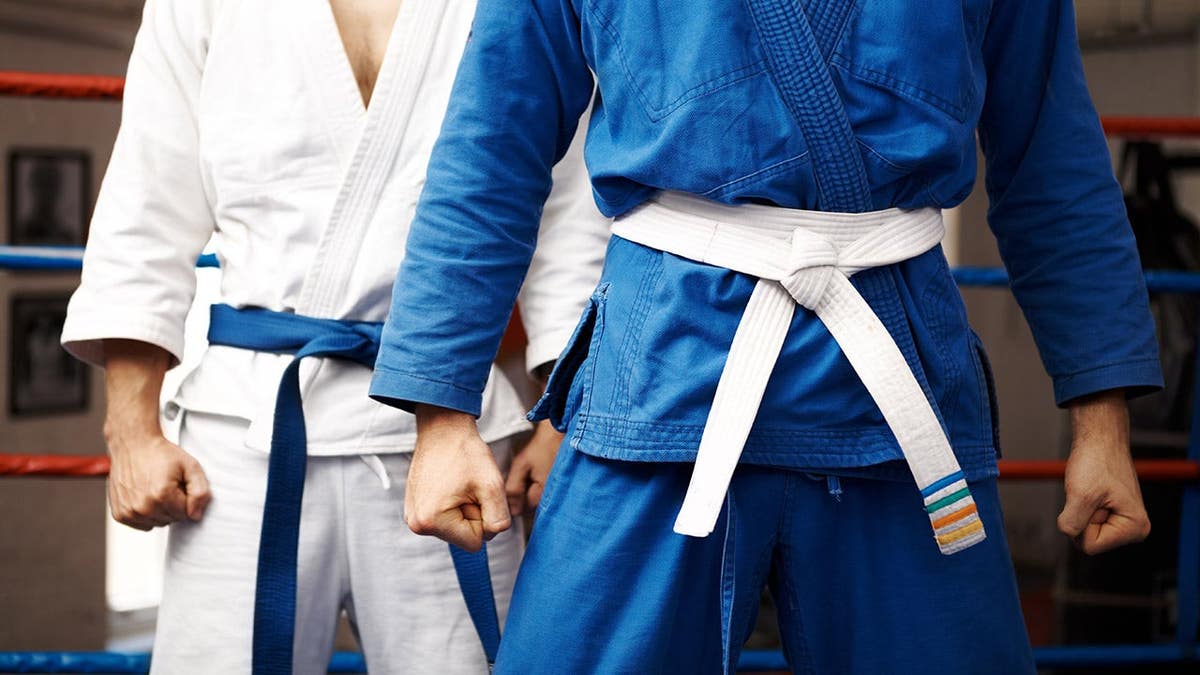 Two judo fighters standing with fists raised in a fighting stance