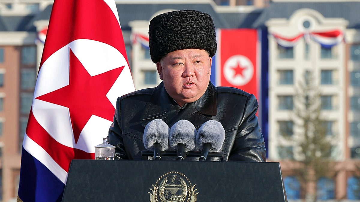 North Korean leader Kim Jong Un delivering a speech at an inauguration ceremony in Pyongyang
