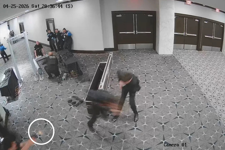 A screengrab from the video of alleged shooter Cole Allen being confronted at the White House Correspondents' Dinner
