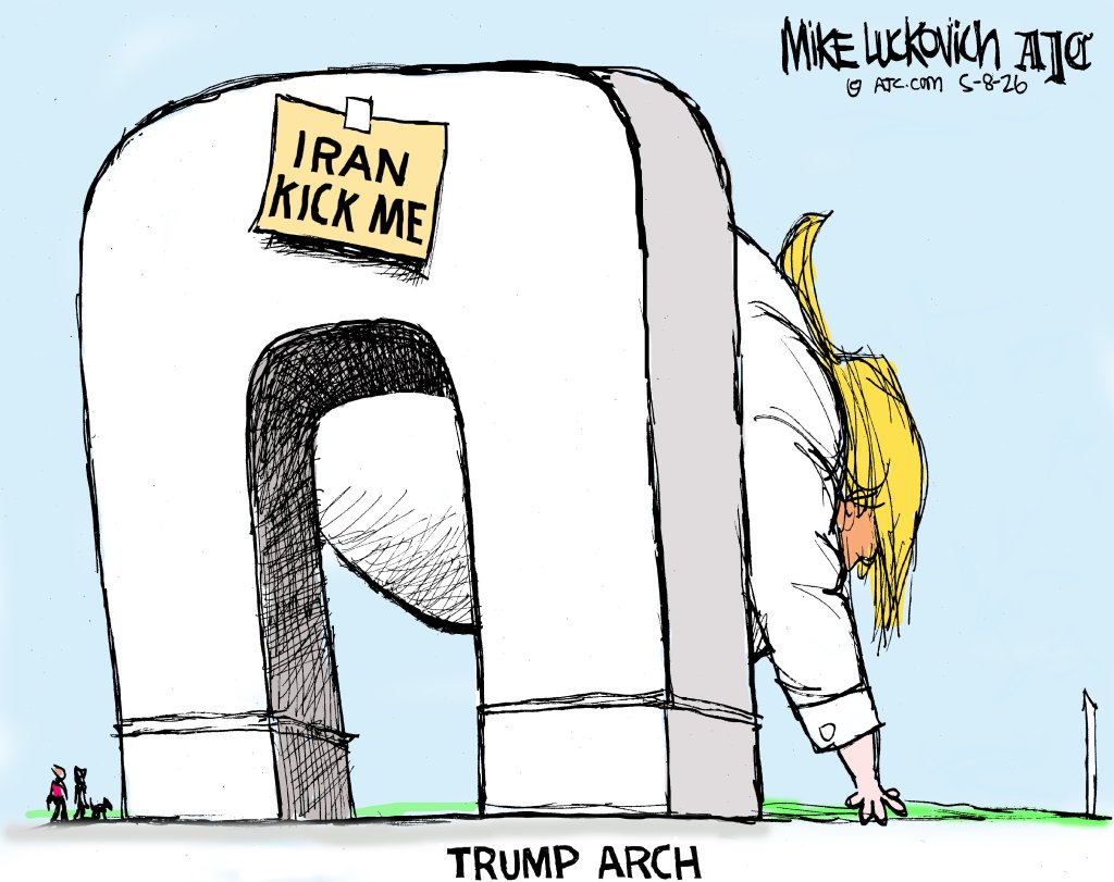 A cartoon by Mike Luckovich depicting President Donald Trump bending over with a sign that says "Iran kick me."