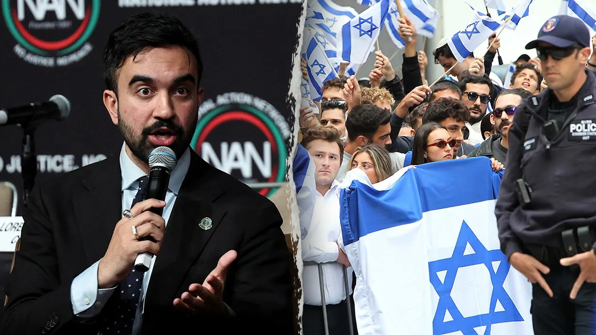 Zohran Mamdani speaking at National Action Network convention and demonstrators at Gaza rally in New York City
