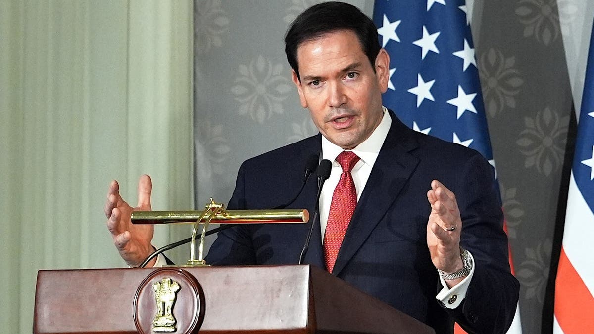Secretary of State Marco Rubio speaking at a press conference in New Delhi