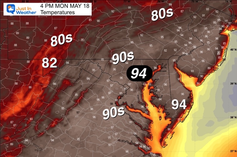 may 18 weather temperatures Monday afternoon