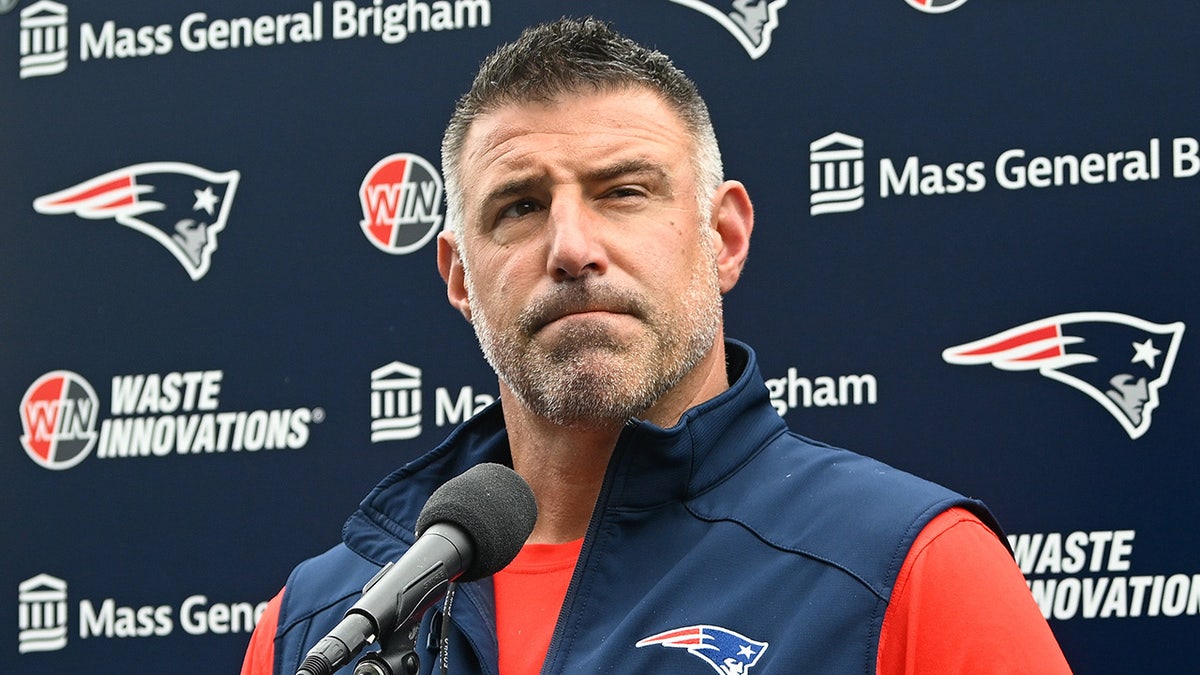 New England Patriots head coach Mike Vrabel speaking at a press conference at Gillette Stadium