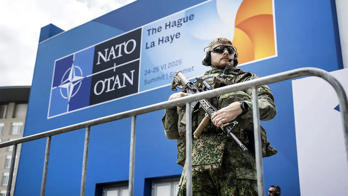 NATO military force standing guard outside the World Forum in The Hague