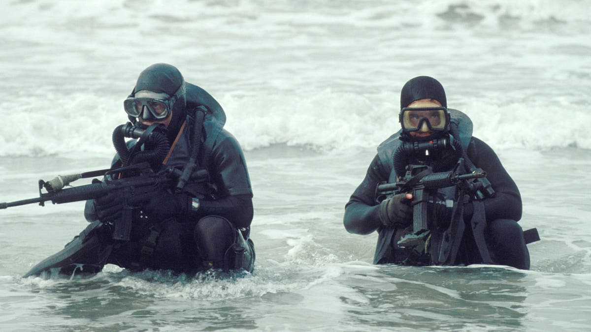 Navy SEALs standing in formation wearing tactical gear