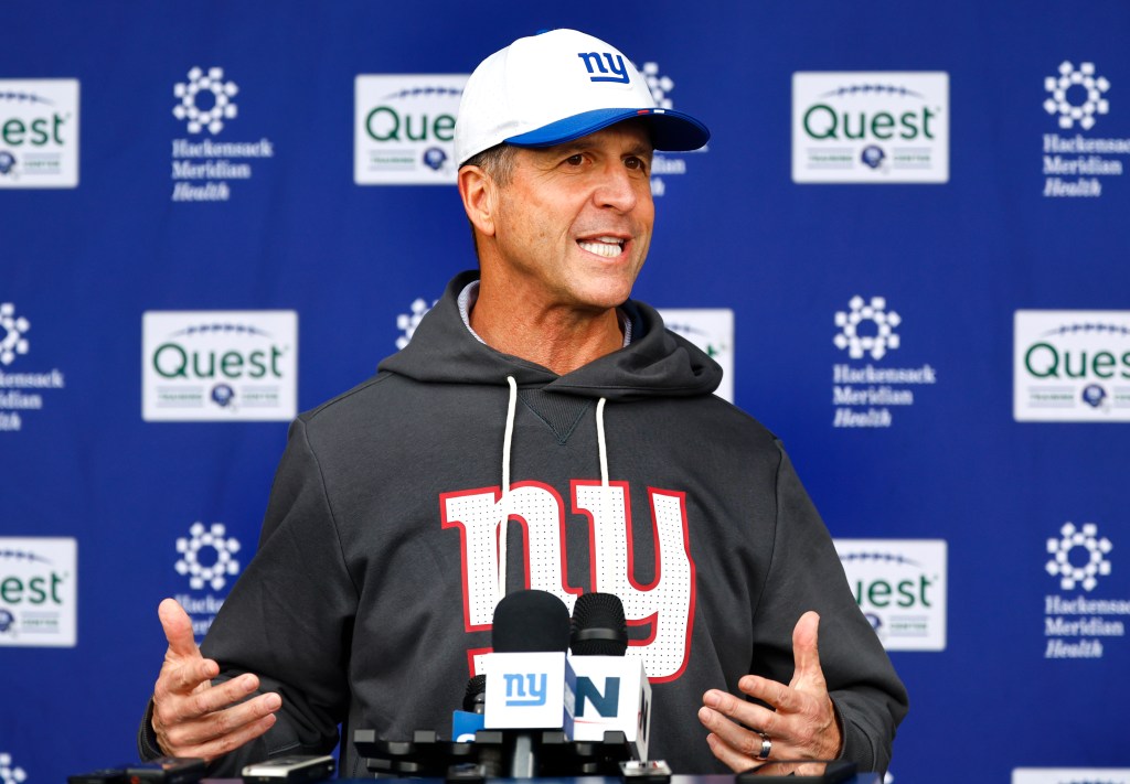 New York Giants head coach John Harbaugh answers questions from reporters during football practice, Saturday, May 9, 2026, in East Rutherford, N.J. 