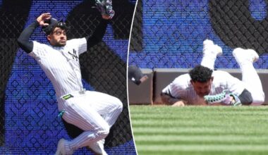 Yankees' Jasson Dominguez carted off after crashing into wall