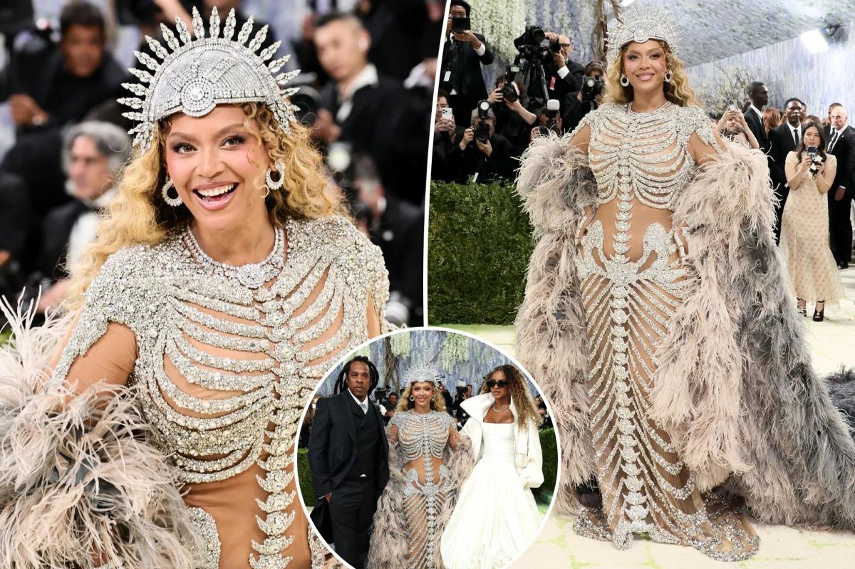 Beyoncé is a sparkly skeleton on the Met Gala 2026 red carpet with Blue Ivy and Jay-Z